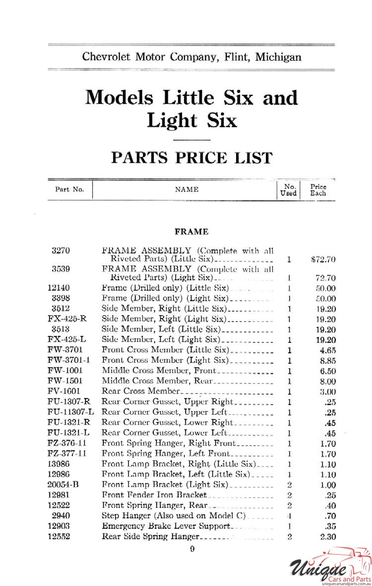 1912 Chevrolet Light and Little Six Parts Price List Page 38